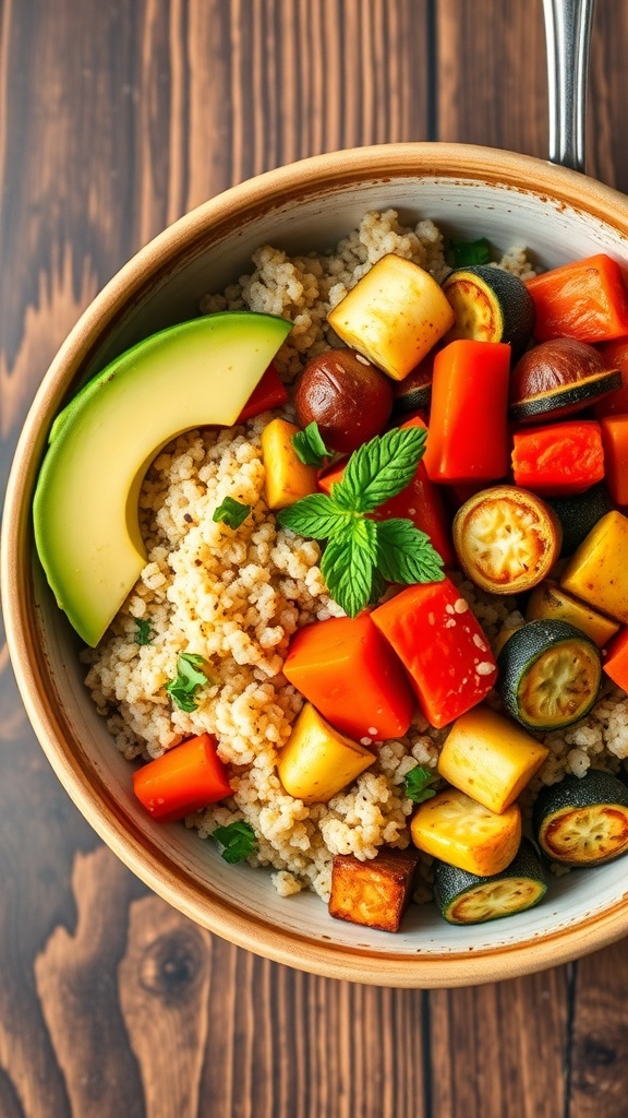 A quinoa bowl with roasted vegetables like bell peppers, zucchini, and carrots, garnished with parsley and avocado, on a wooden table.